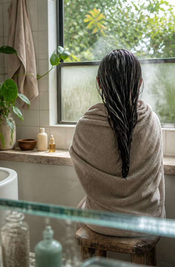 Damp long hair wrapped in a warm towel with mask coating the lengths