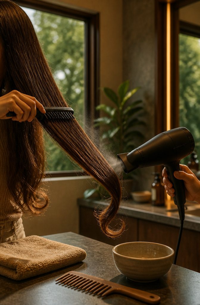 Heat protectant spray beside a blow dryer curling iron and straightener