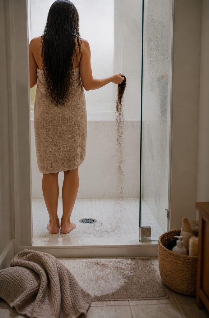 Hand holding long hair above a shower drain with shed strands on a white surface