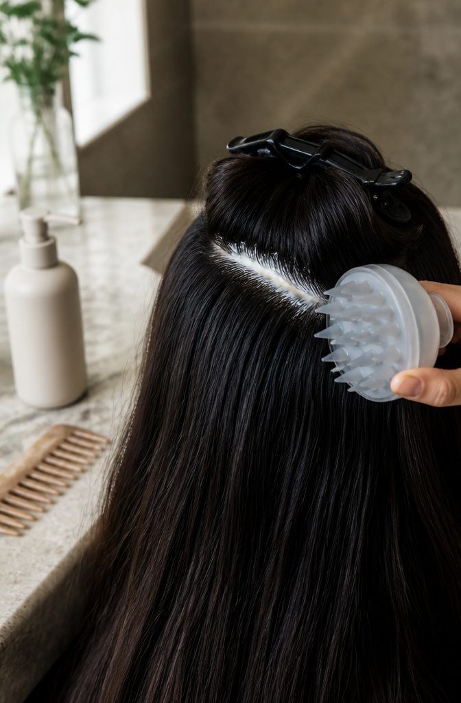 Sectioned dark hair exposing the scalp with a clear silicone massager beside the roots