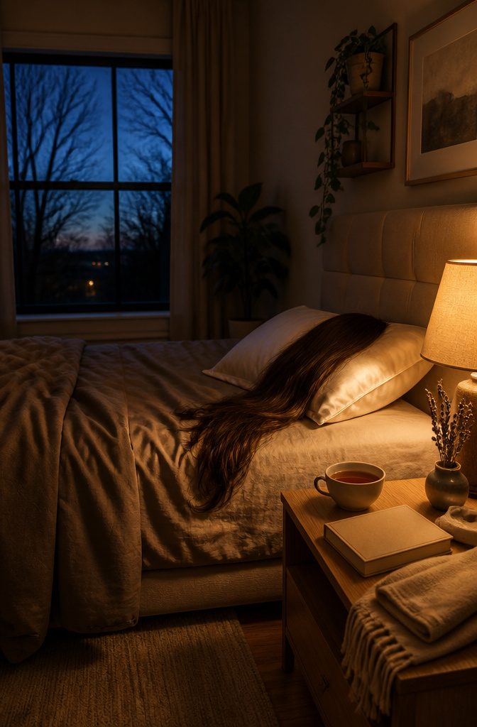 Silk pillowcase on a bed beside loose strands of hair