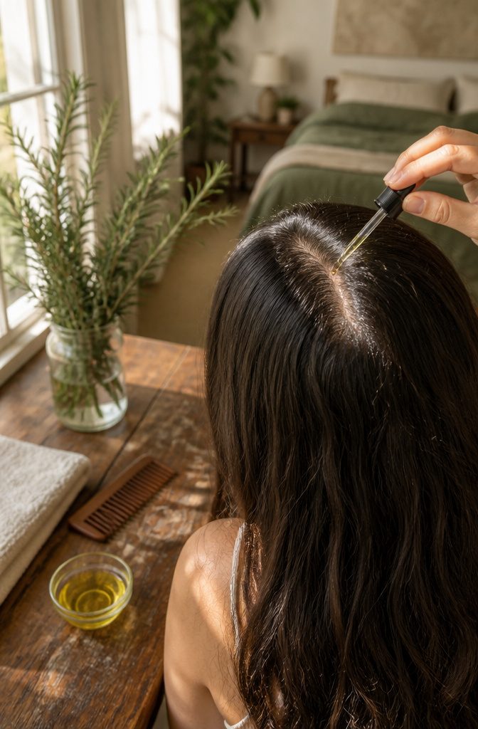 Rosemary oil bottle beside a scalp brush and a small dish of carrier oil