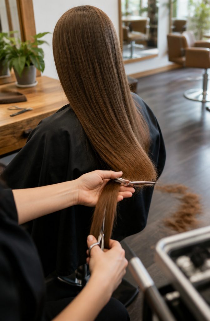 Hair ends being trimmed with scissors to remove split strands