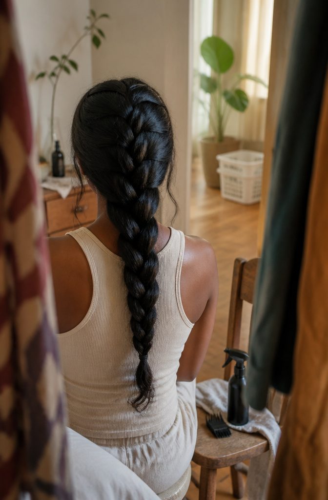 Long hair arranged in a loose braid with the scalp visible