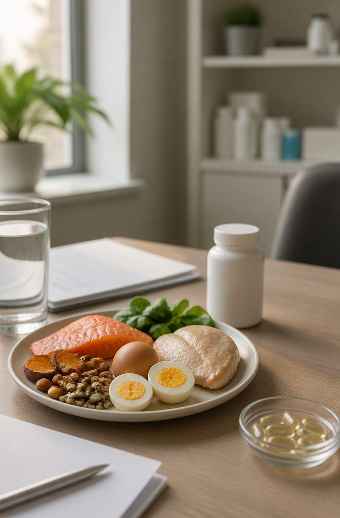 Eggs salmon nuts and sweet potatoes arranged as biotin-rich foods