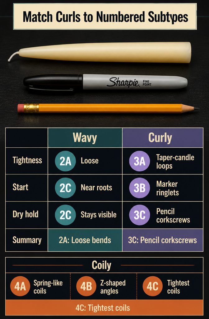 Numbered hair subtype chart with wave curl and coil examples