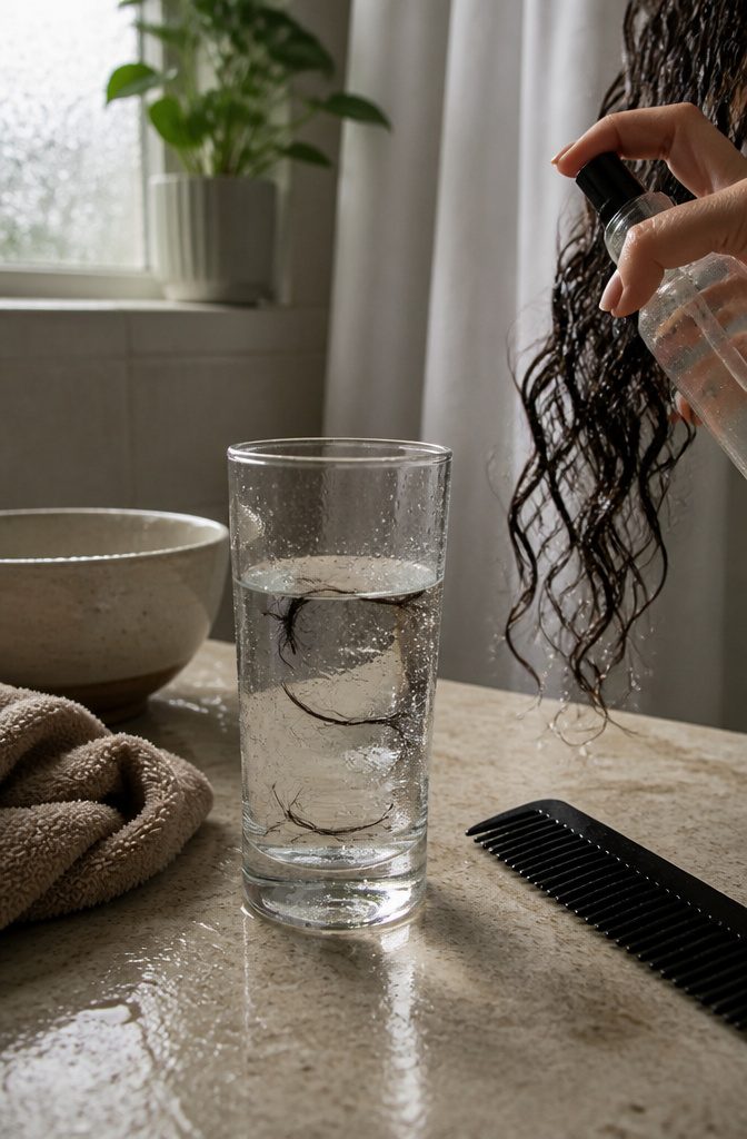 Hair strands floating at different depths in a glass beside a spray bottle