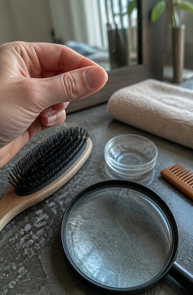 Fingers rolling one dry shed hair to check strand width