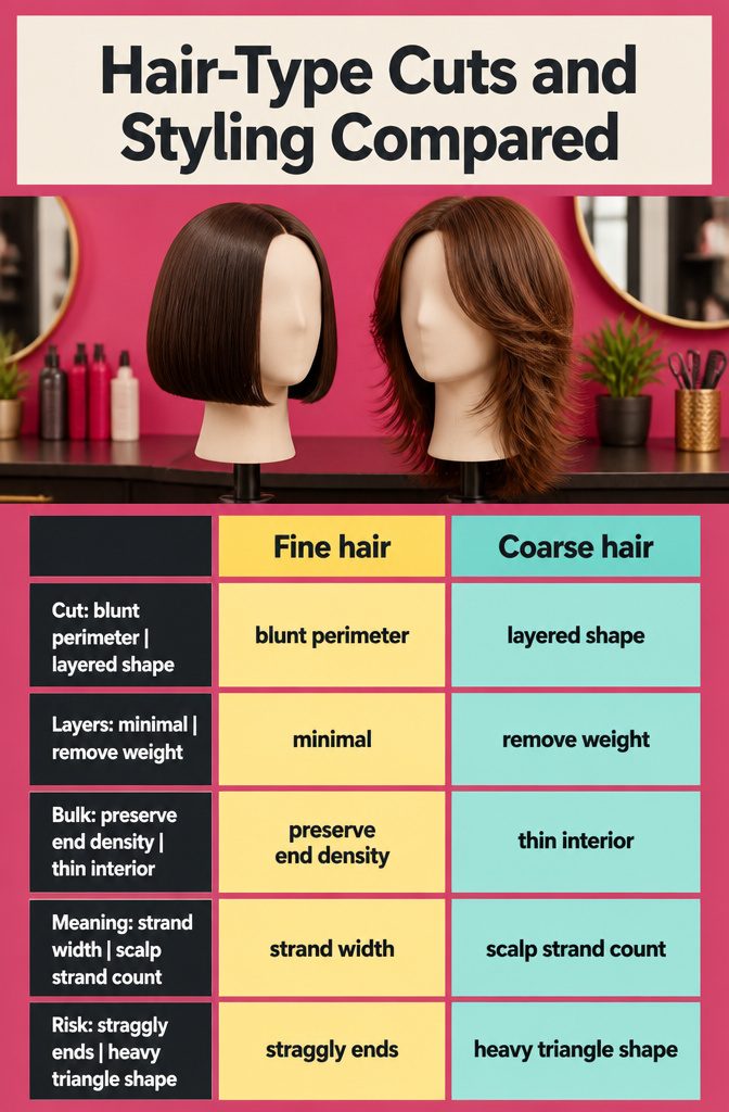 Beauty graphic comparing haircut and styling choices for fine and coarse hair