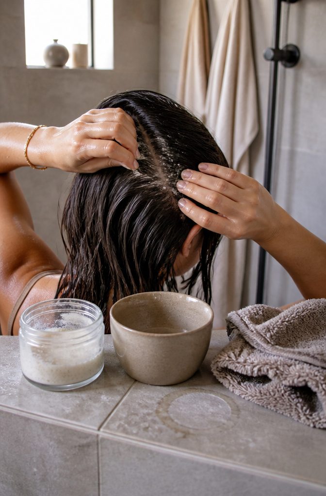 Scalp scrub applied to damp hair parted into sections