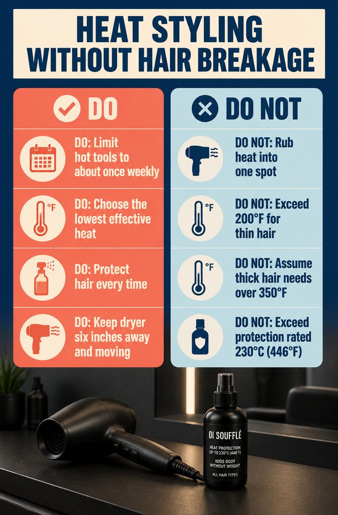 Beauty graphic about heat styling and preventing hair breakage