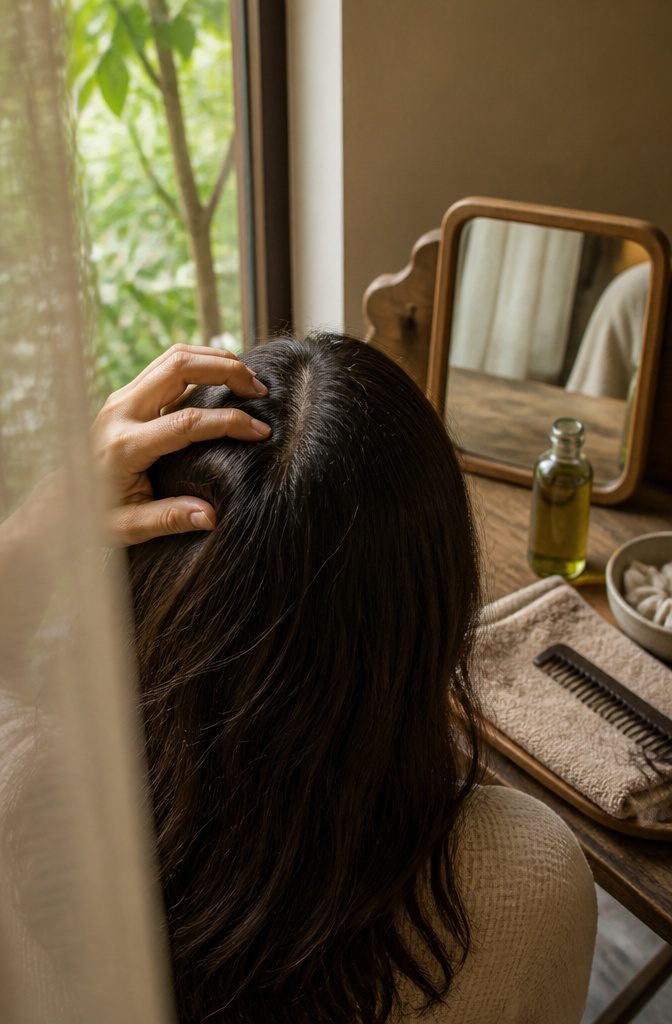 Fingertips massaging rosemary oil into parted hair beside a glass bottle