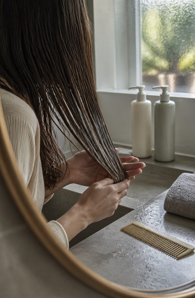 Shampoo and conditioner bottles beside long hair