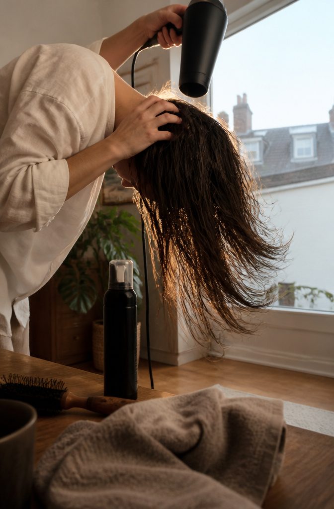 Damp hair lifted from the scalp while mousse is applied and blow-dried