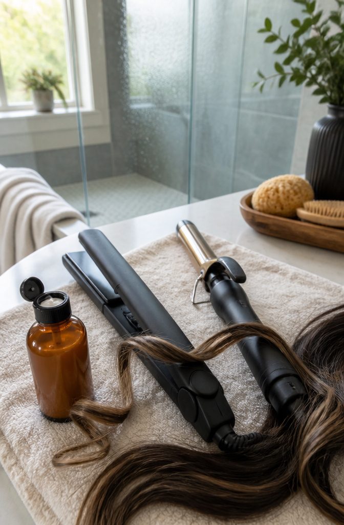 Closed flat iron curling iron protectant bottle and highlighted dark hair