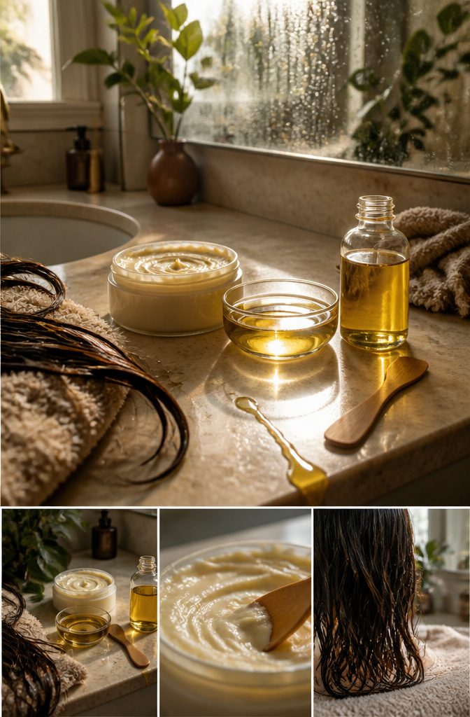 Hair oils and conditioning mask arranged beside a towel