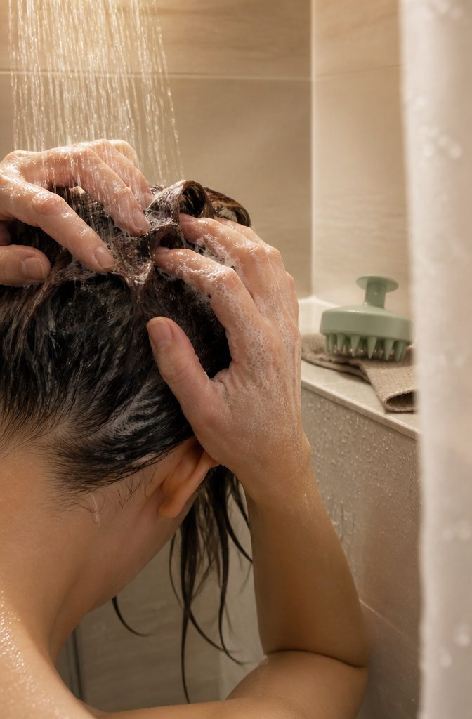 Fingertips massaging a scalp through dark hair
