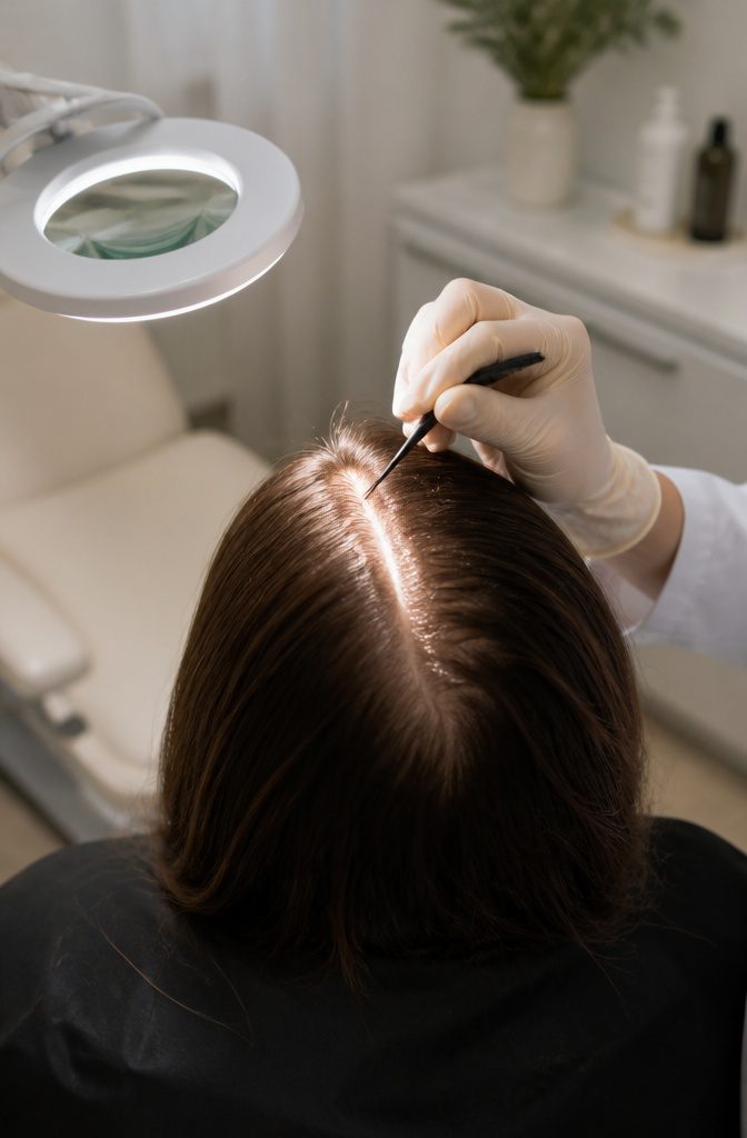 Clinician examining widened hair part with fine comb