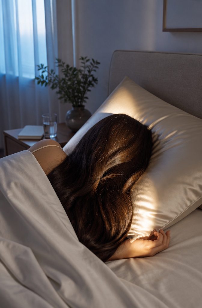 Person sleeping with long hair on champagne silk pillowcase