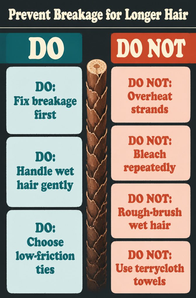 Hair breakage diagram showing heat wet brushing and tight ties