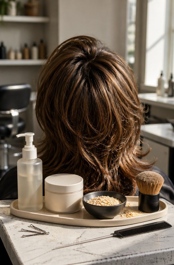 Hair volume products arranged beside fine hair and styling tools