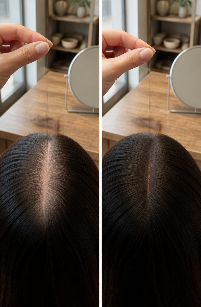 Comparison of fine hair strands and lower hair density with visible scalp