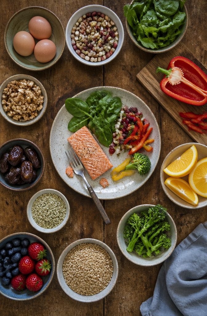 Eggs beans nuts leafy greens peppers and salmon arranged on a plate