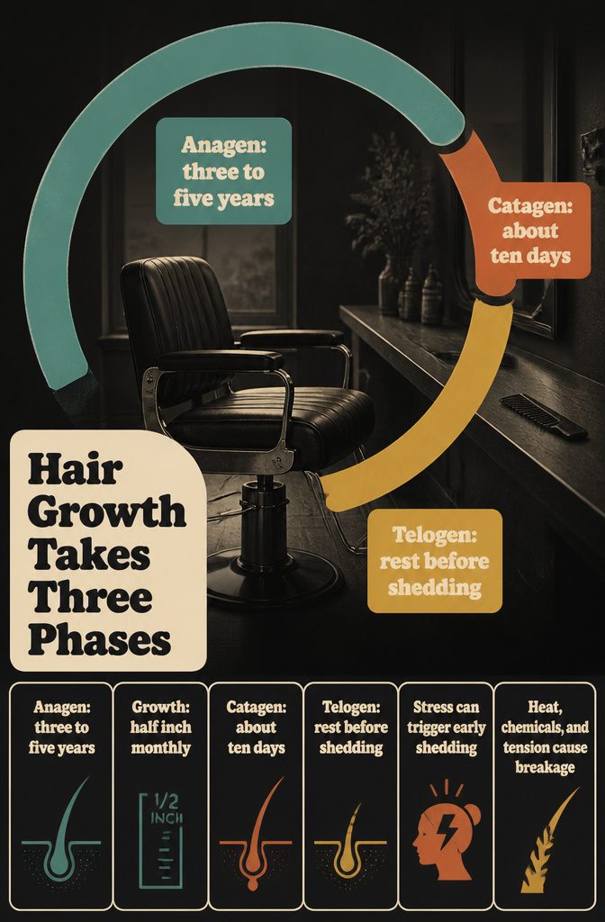 Information graphic showing three phases of the hair growth cycle