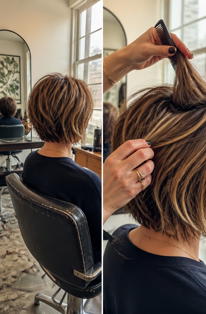Choppy bob pixie lob and stacked hairstyles showing added volume and texture