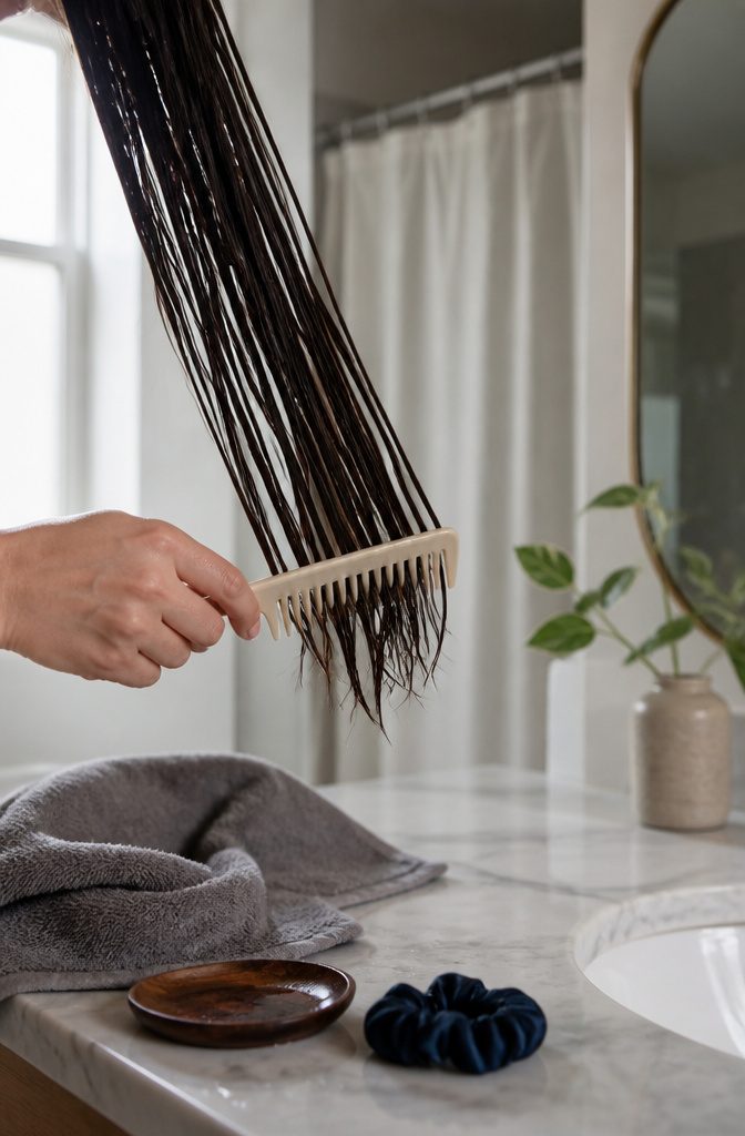 Wide-tooth comb detangling wet hair from the ends toward relaxed roots