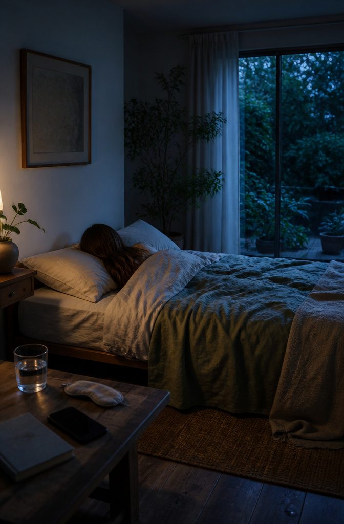 Person resting in bed in a quiet room with screens kept away