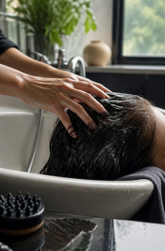 Hand massaging a wet shampoo-covered scalp beneath parted dark hair