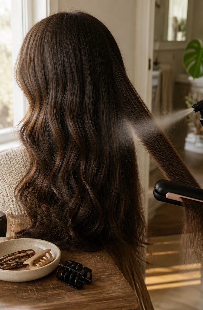 Hair styling tools beside dark hair prepared for heat protection