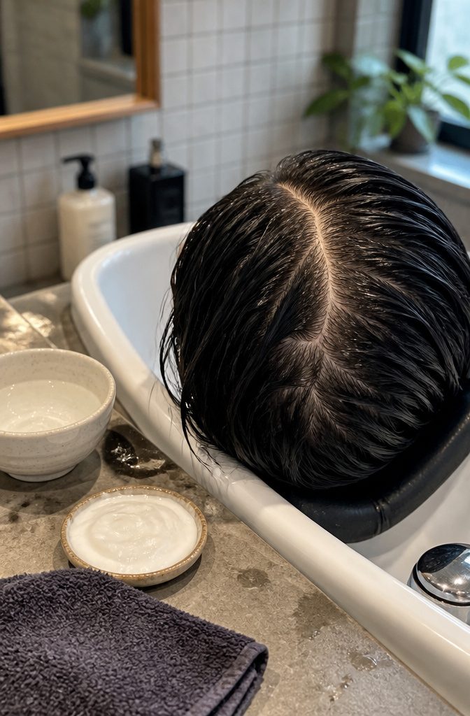 Dark hair parted over a clean scalp beside a ceramic bowl with shampoo