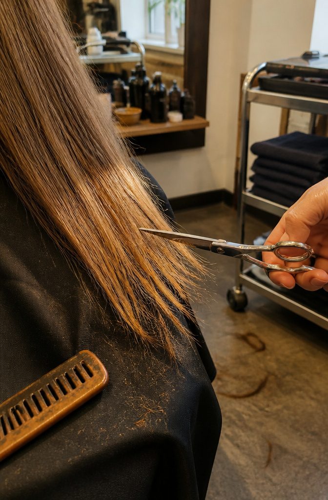 Salon shears positioned above split ends gathered over a salon cape
