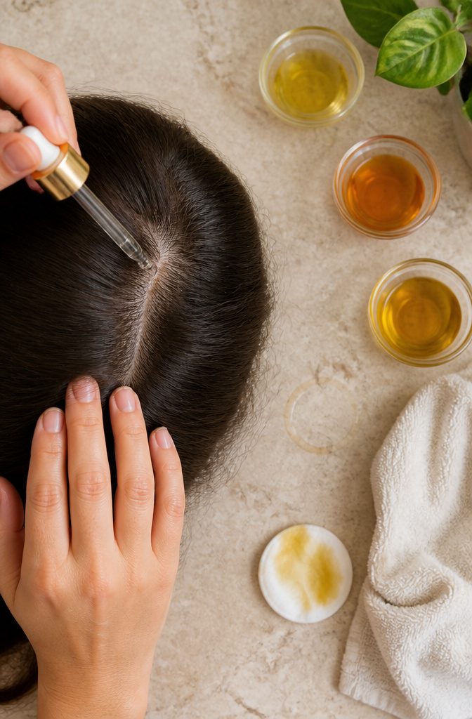 Rosemary oil being applied to a scalp with gentle fingertip massage