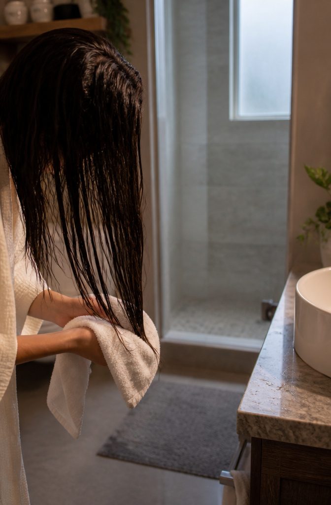 Fine clean hair hanging naturally while a white towel removes water