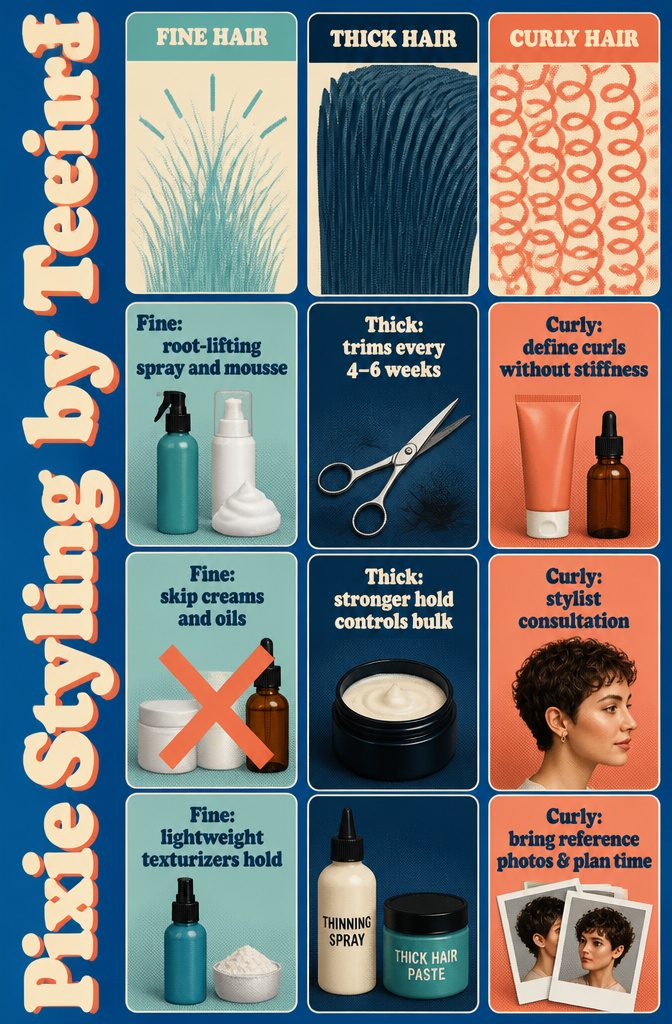 Pixie styling guide comparing products and methods for three hair textures
