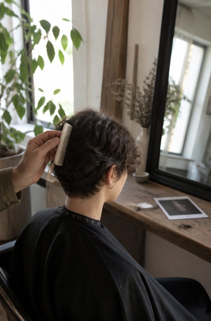 Pixie haircut with curtain fringe falling beside the forehead