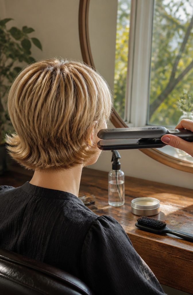 Pixie haircut with outward flipped ends at sides and nape
