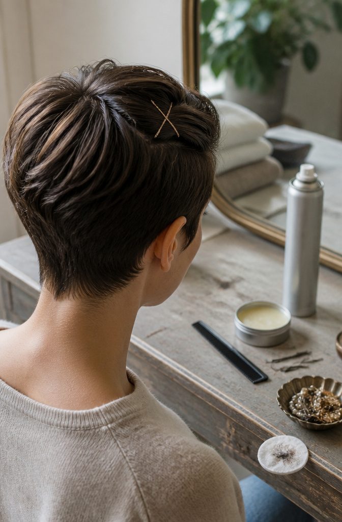Pixie haircut with lifted front section secured by crossed bobby pins
