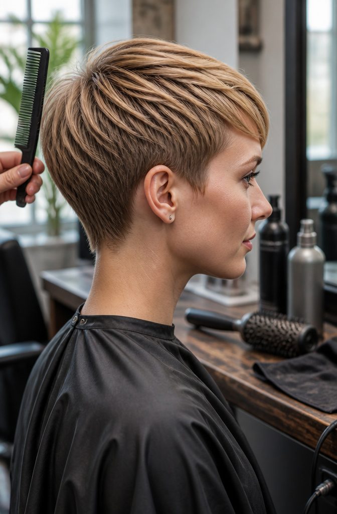 Sleek pixie cut with smooth top layers and close cropped sides