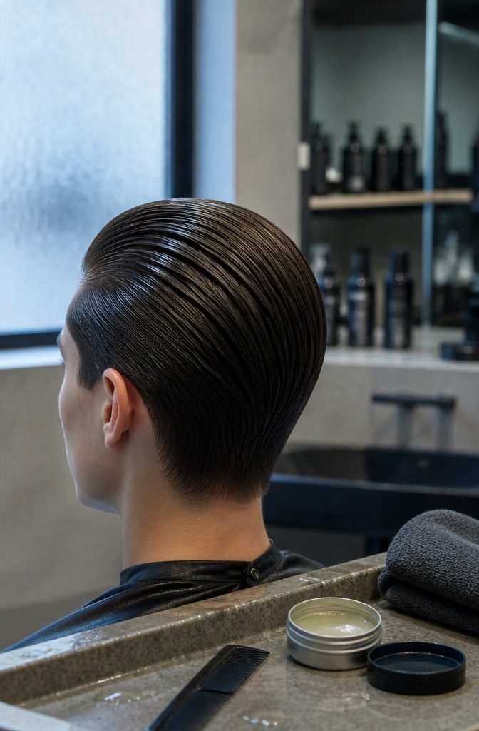 Slicked back pixie haircut with combed damp hair and visible tracks