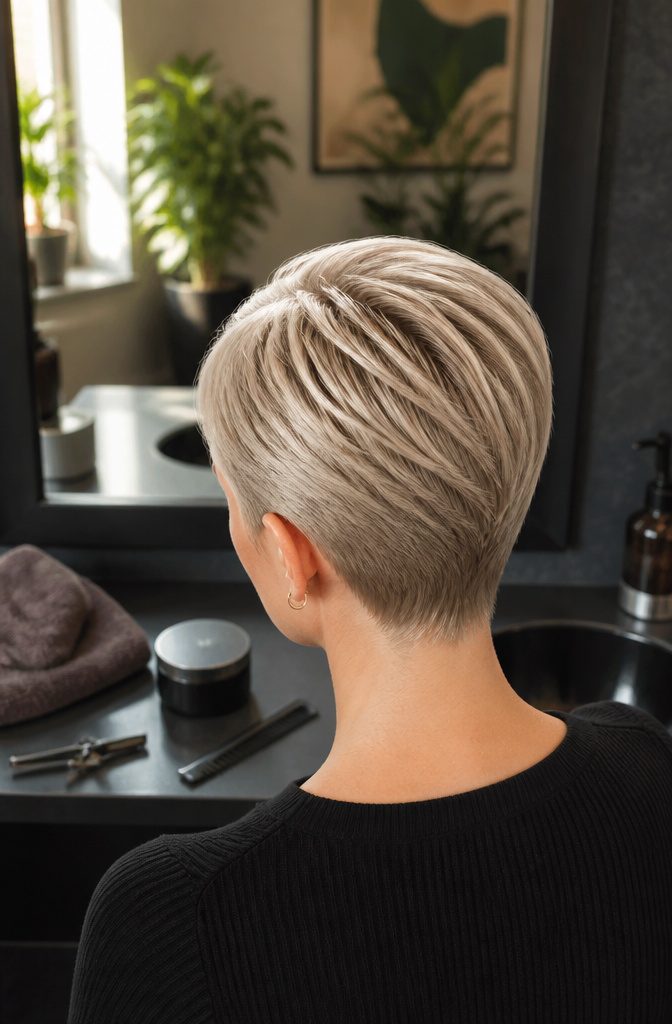 Pixie cut with side part and longer swept bang across forehead