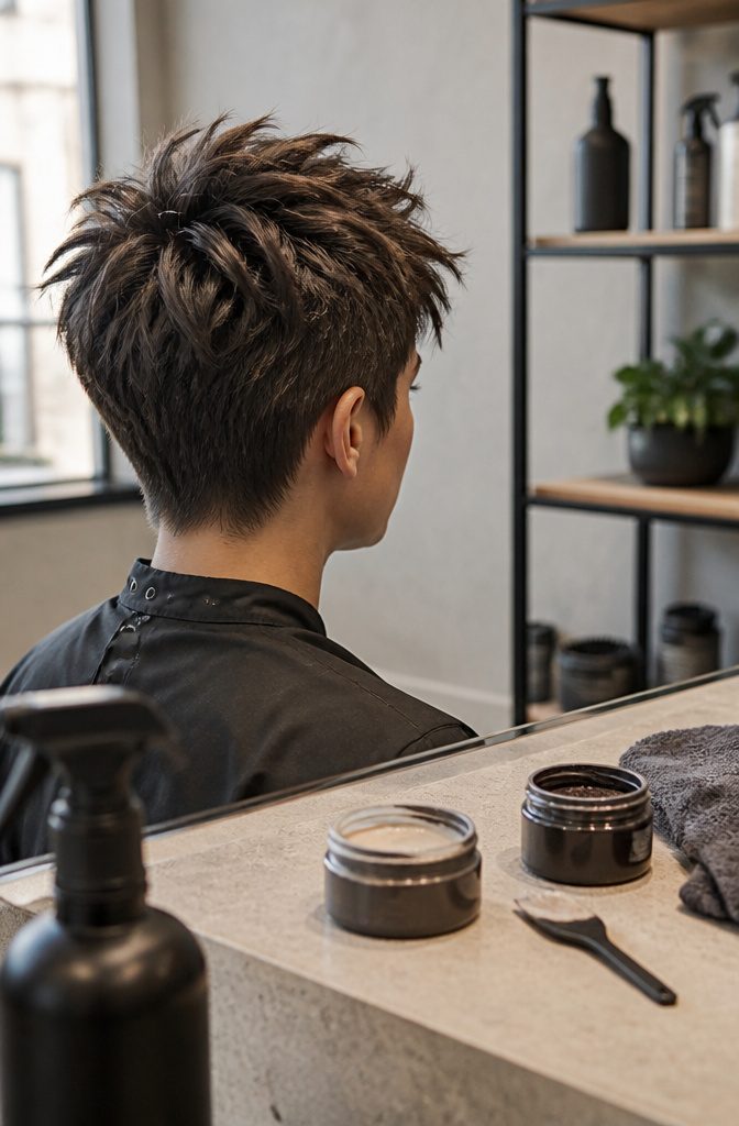 Tousled pixie cut with separated spiky layers and textured fringe