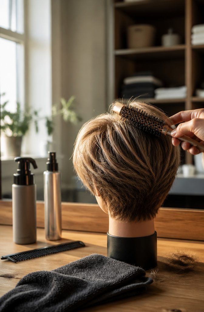 Pixie haircut with lifted rounded crown and compact shorter sides