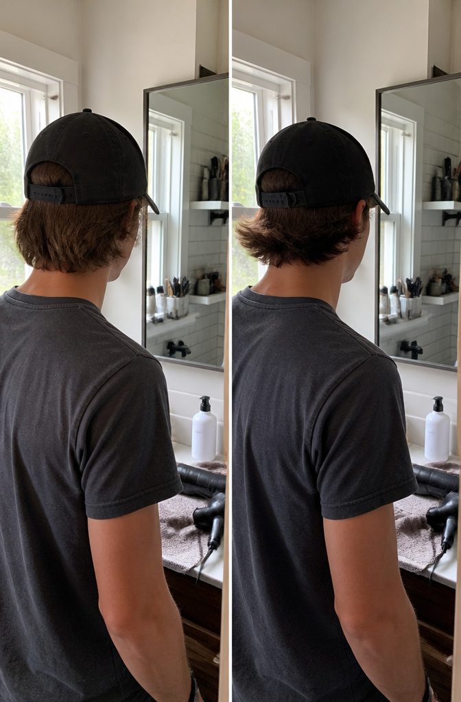 Person wearing a baseball cap with hair ends exposed beneath its brim