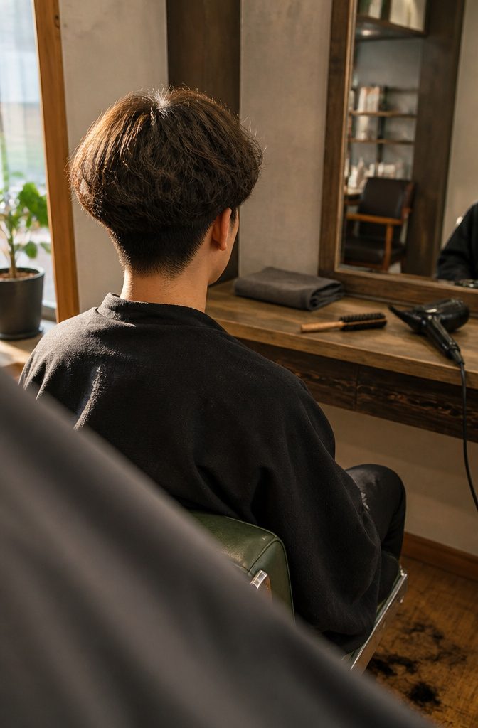 Young man at a barbershop with a rounded top and outward-flipped bangs