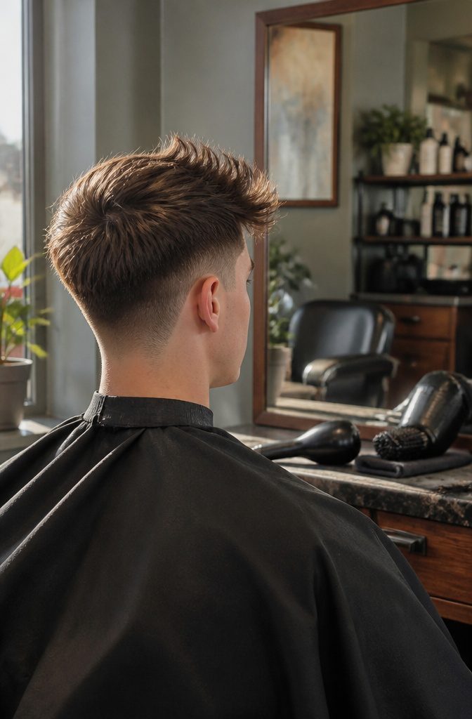 Young man in profile at a barbershop with a lifted crown and flipped ends