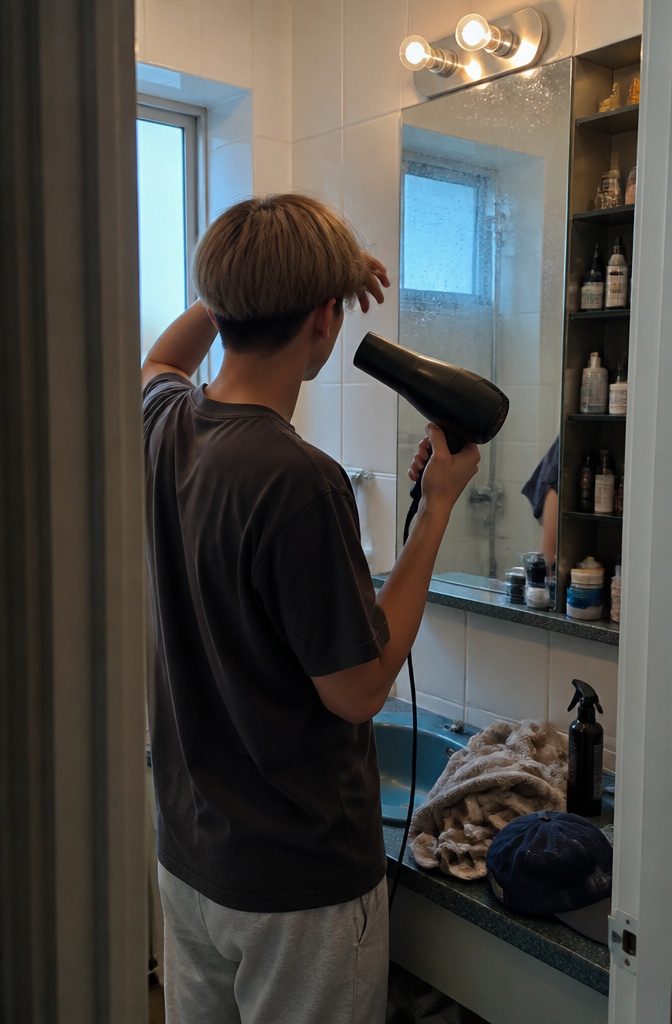 Young man in a bathroom with a rounded haircut and brushy flipped ends